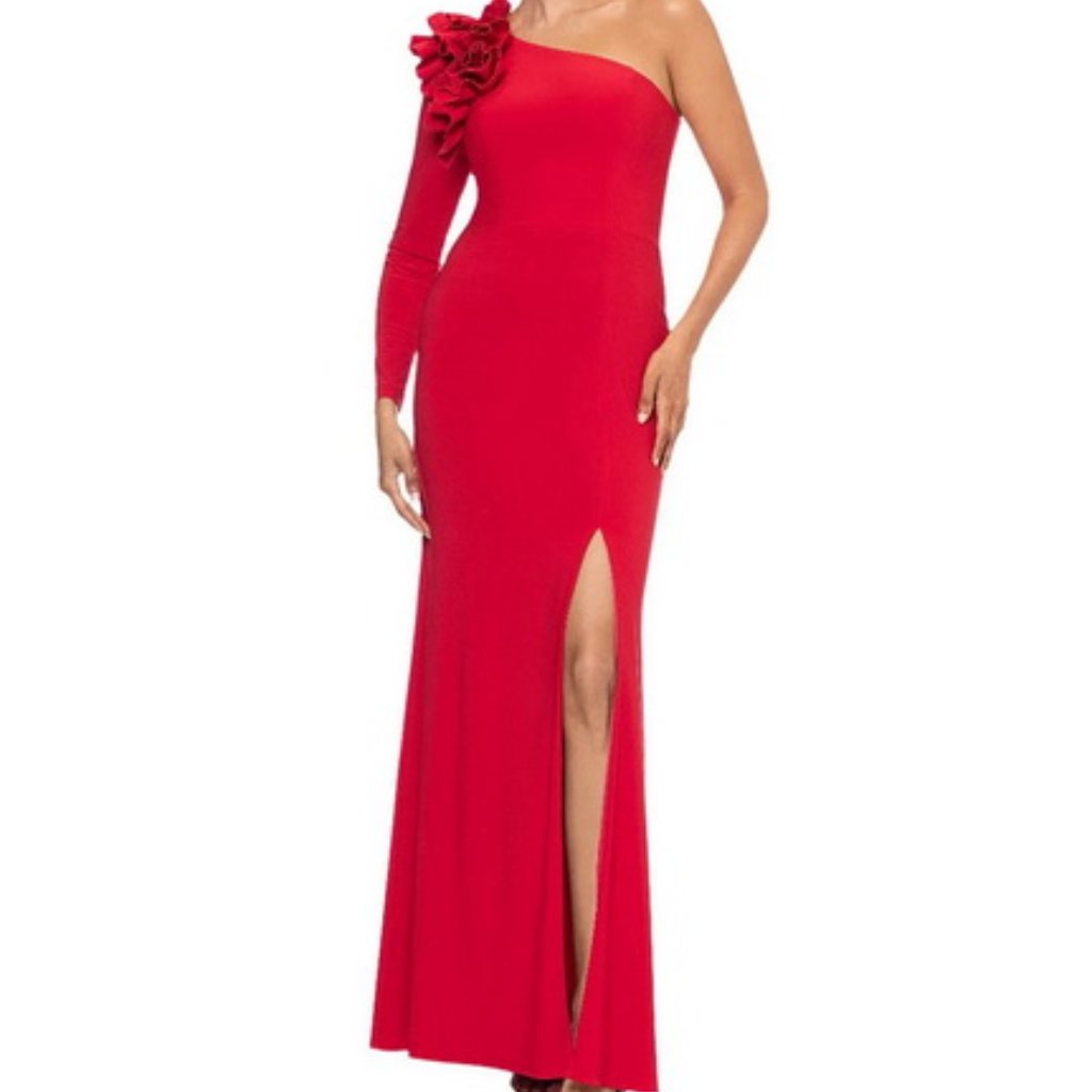 Xscape Red Ruffle One-Shoulder Gown